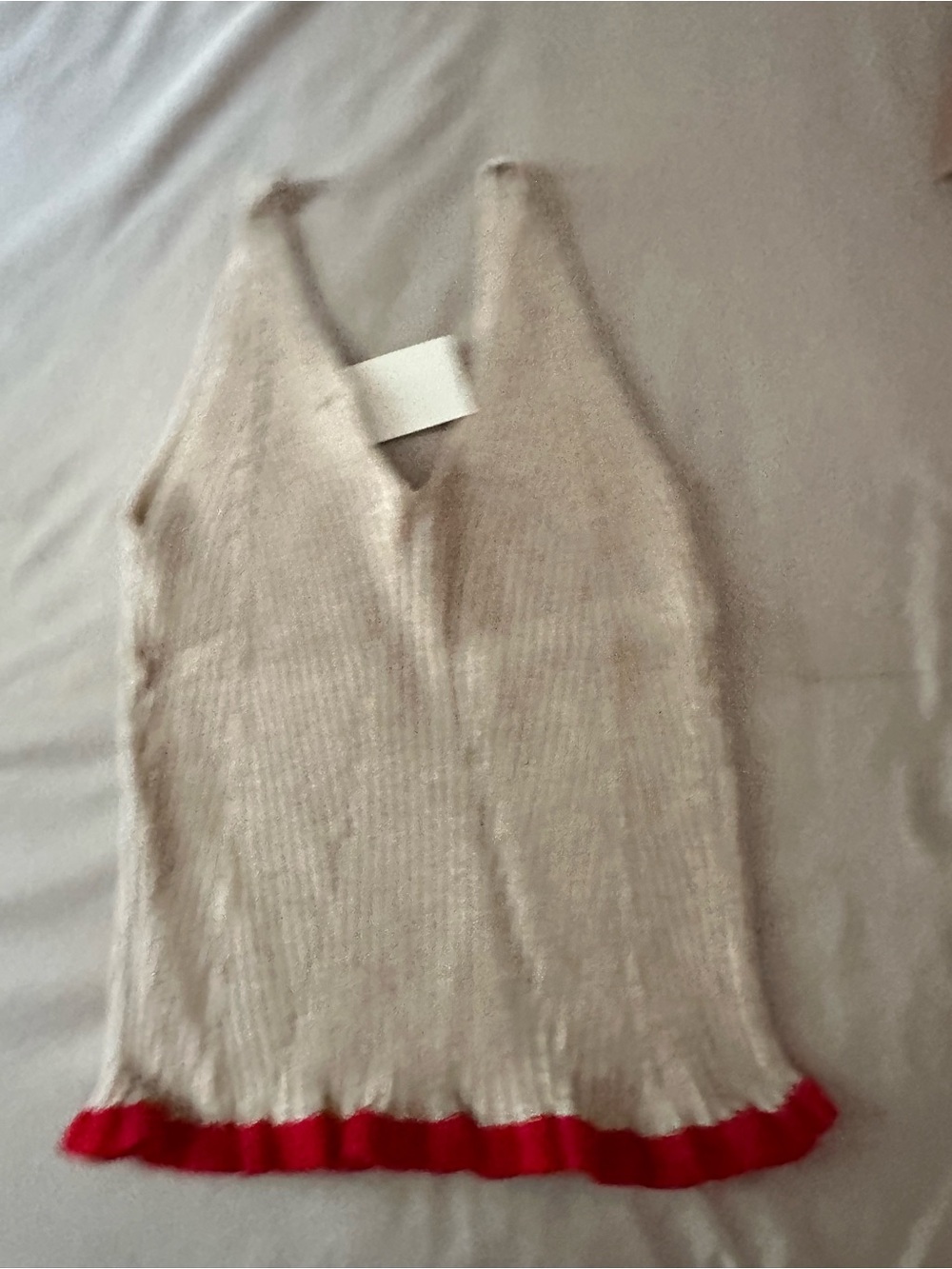 Cream Ribbed V-Neck Tank with Red Ruffle Hem - Picture 3 of 5